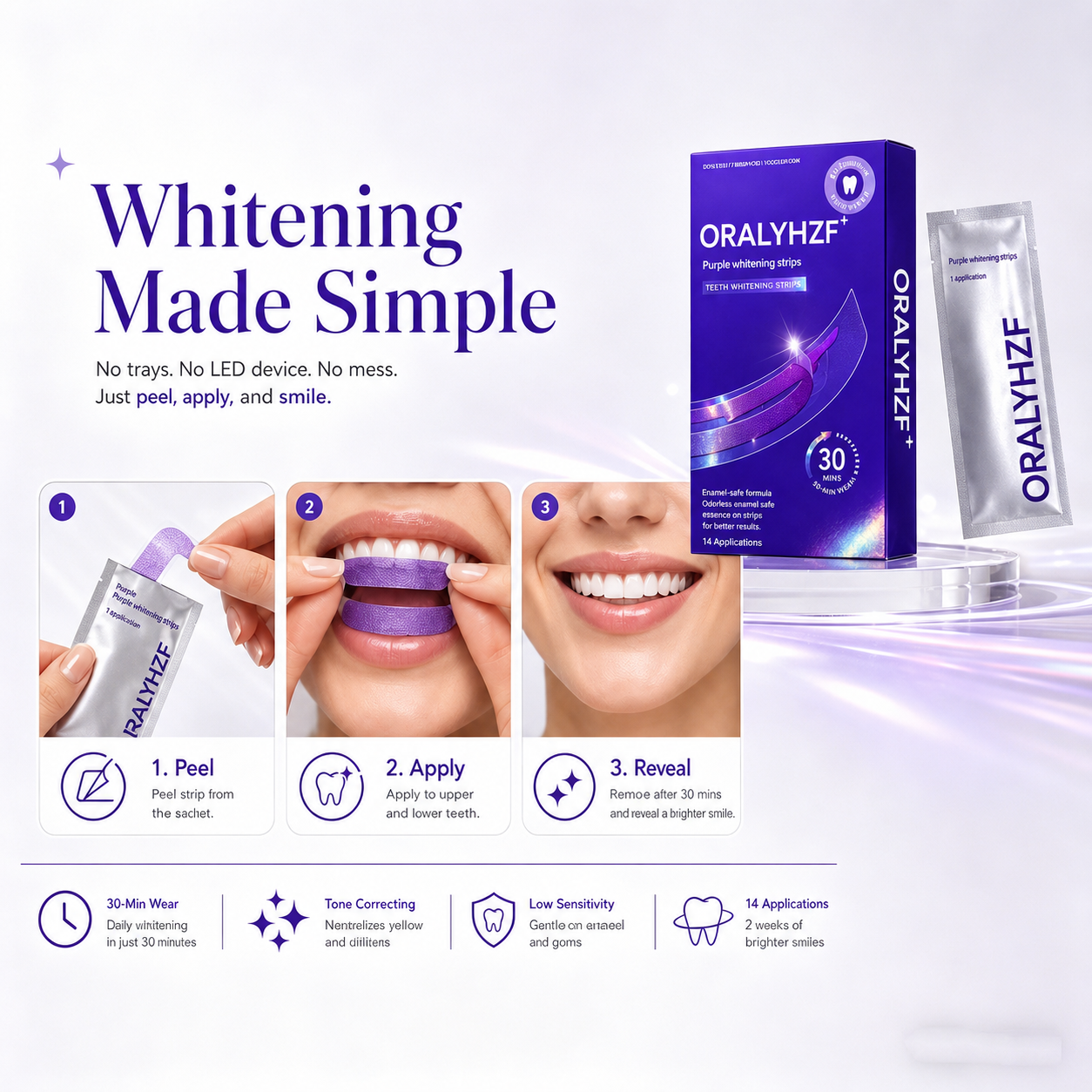 ORALYHZF Purple Whitening Strips – 30-Minute Low-Sensitivity Teeth Whitening