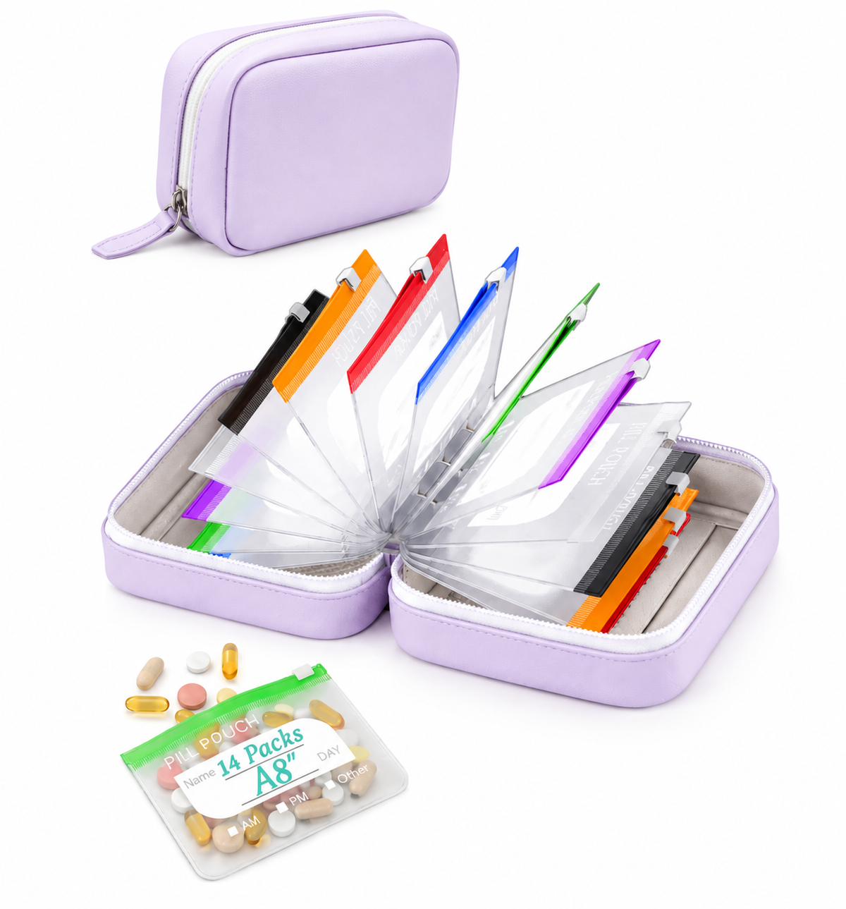 💊A8 Waterproof 14-Pouch Weekly Pill Organizer, Color-Coded Travel Storage for Vitamins & Supplements