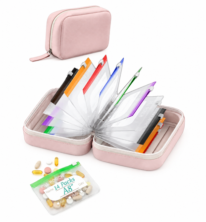 💊A8 Waterproof 14-Pouch Weekly Pill Organizer, Color-Coded Travel Storage for Vitamins & Supplements